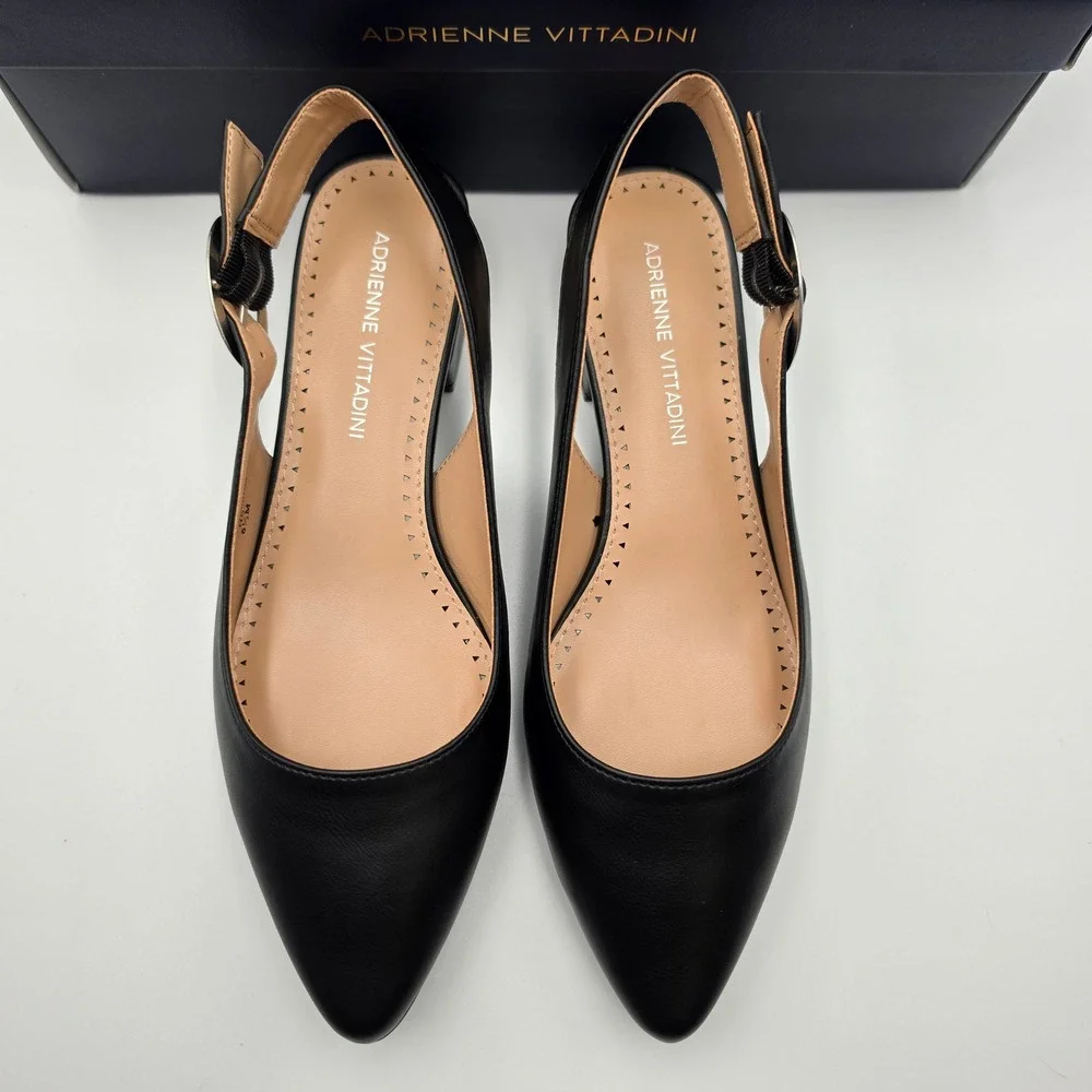 Adrienne Vittadini Papina Black Slingback Pointed Toe Block Heel Pumps 6.5M